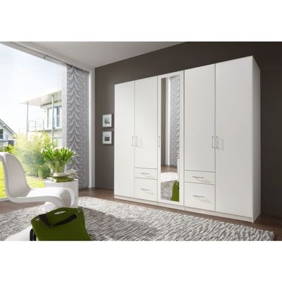 FLOCK 225cm White 5 Door Mirrored Wardrobe – Modern Bedroom Storage UK