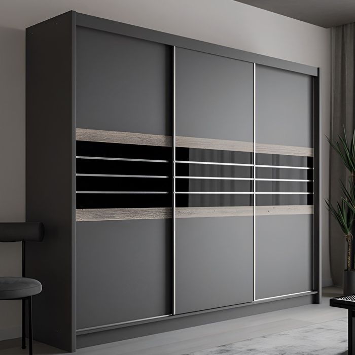 DACORUM 250cm Black 3 Door Sliding Wardrobe – Modern Bedroom Storage UK