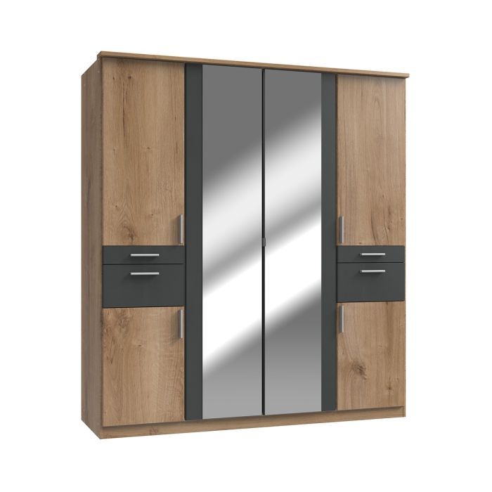 KODERA 180cm Oak 4 Door Mirrored Wardrobe – Modern Bedroom Storage UK