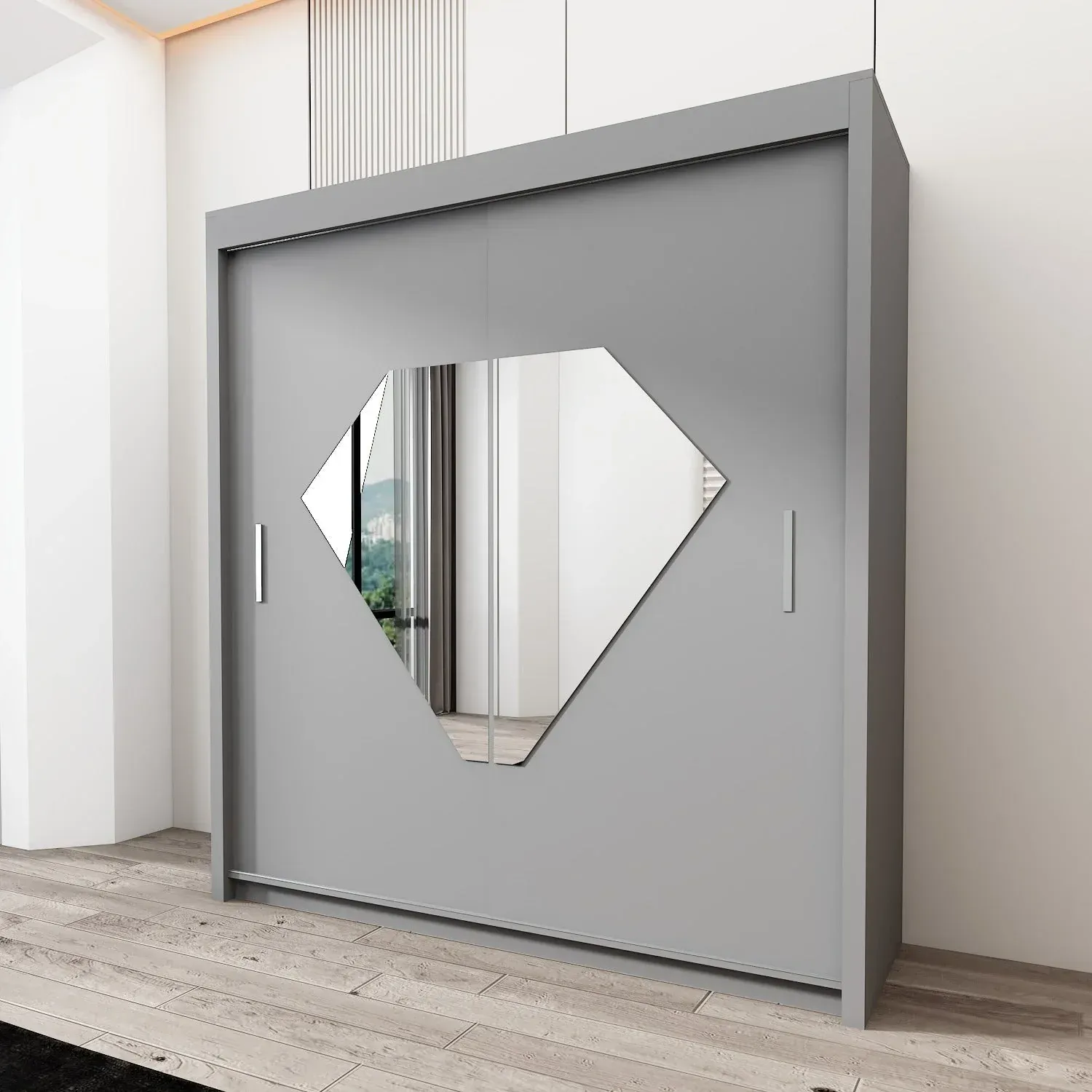Diamond Double Mirror Sliding Door Wardrobe – Modern Bedroom Storage UK