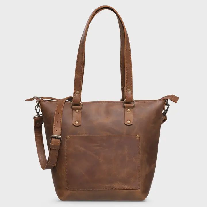Crossbody Leather Tote Bag Medium Saddle Brown