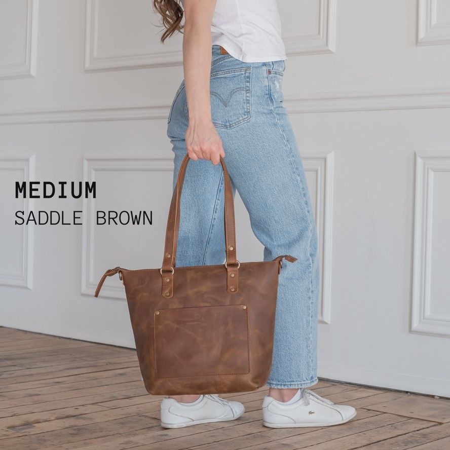 Crossbody Leather Tote Bag Medium Saddle Brown