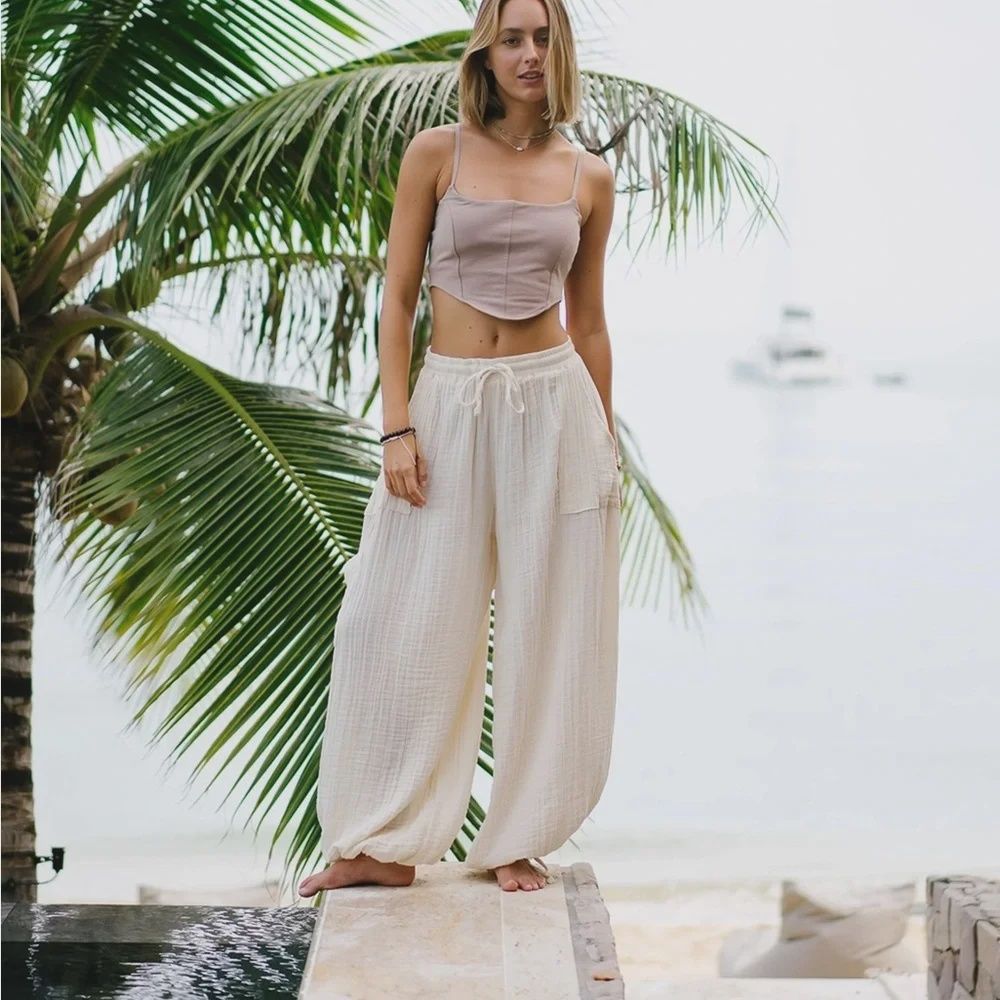 Cream Cotton Jogger Harem Pants - 5567073611