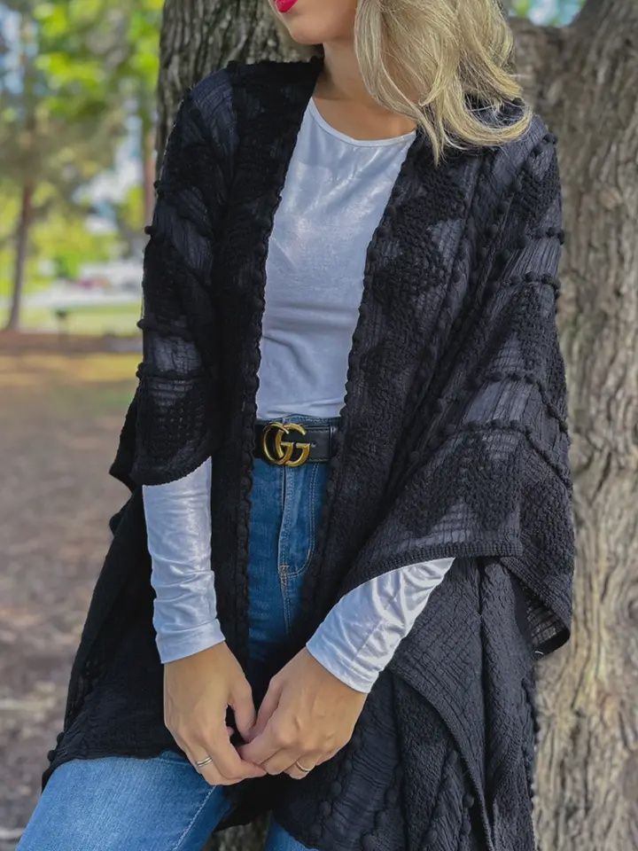 Black 3D Textured Open Front Soft Kimono