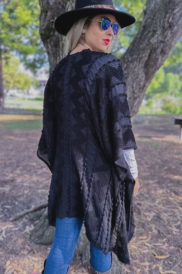 Black 3D Textured Open Front Soft Kimono