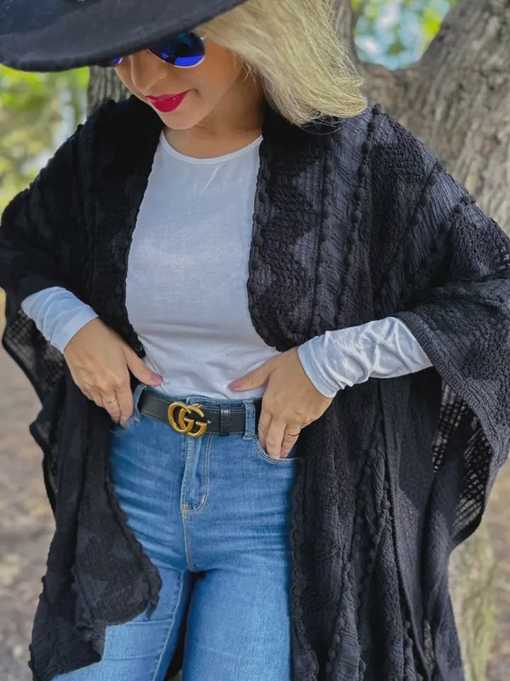 Black 3D Textured Open Front Soft Kimono