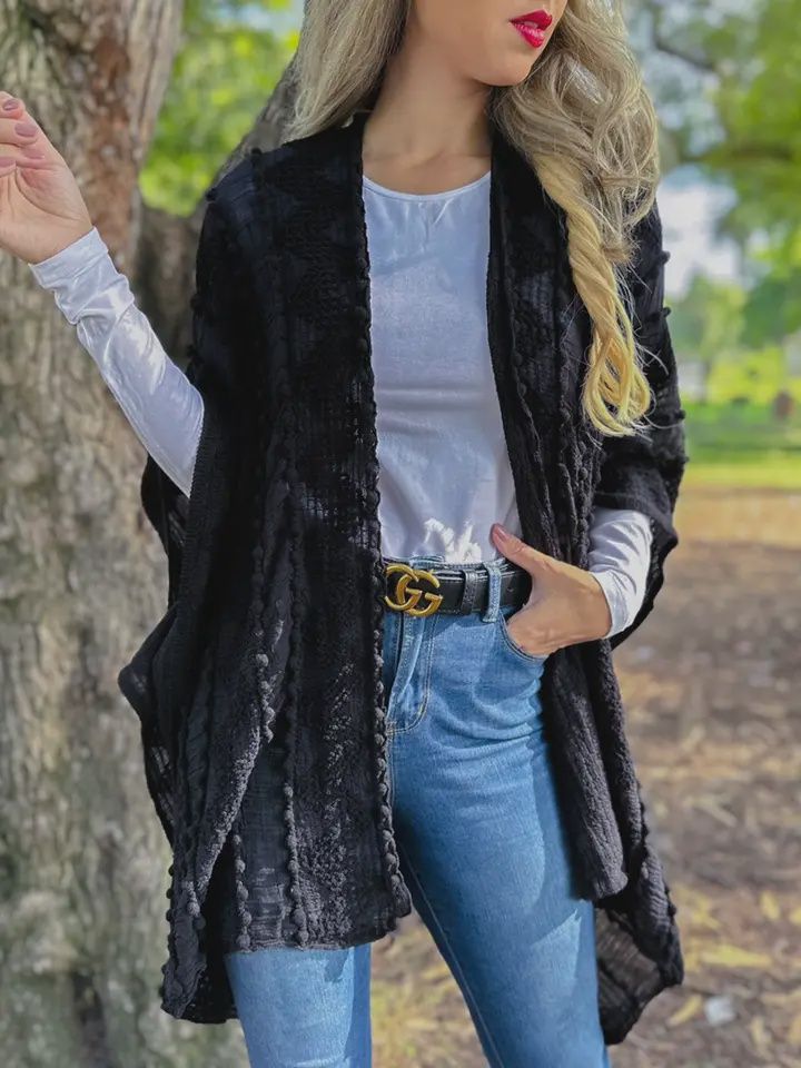Black 3D Textured Open Front Soft Kimono