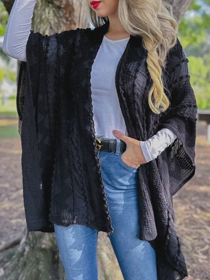 Black 3D Textured Open Front Soft Kimono