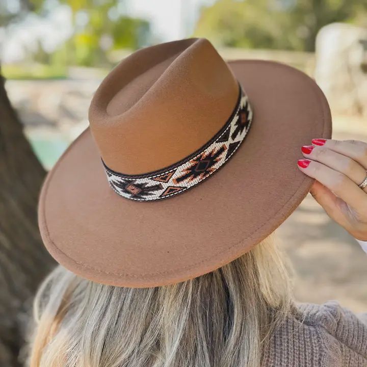 Elegant Camel Fedora With Multi Aztec Western Print