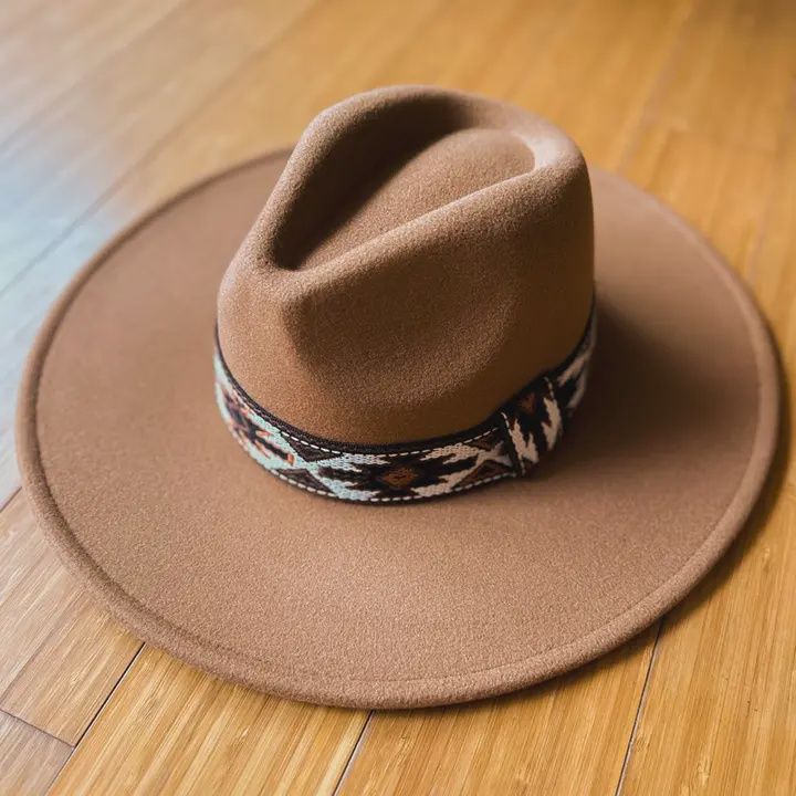 Elegant Camel Fedora With Multi Aztec Western Print