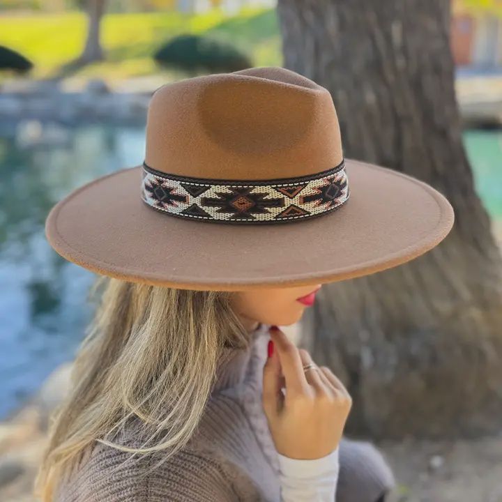 Elegant Camel Fedora With Multi Aztec Western Print