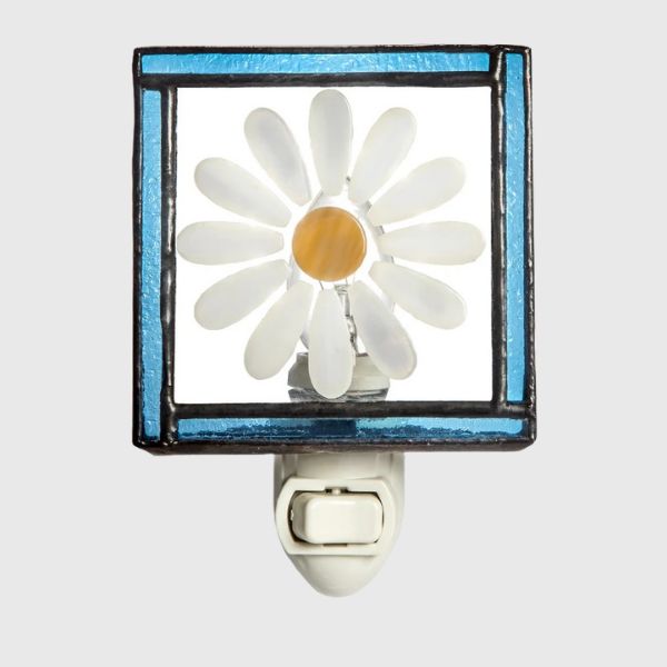 Daisy Night Light Glass Flower Blue Trim