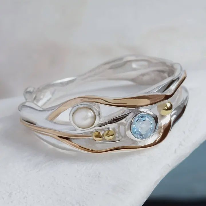 Handmade Blue Topaz and Pearl Sterling Silver Ring