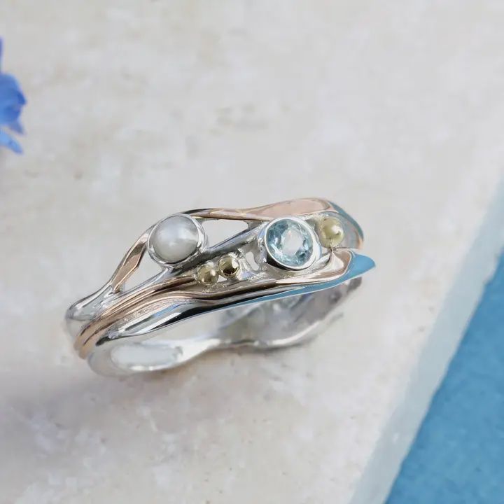 Handmade Blue Topaz and Pearl Sterling Silver Ring