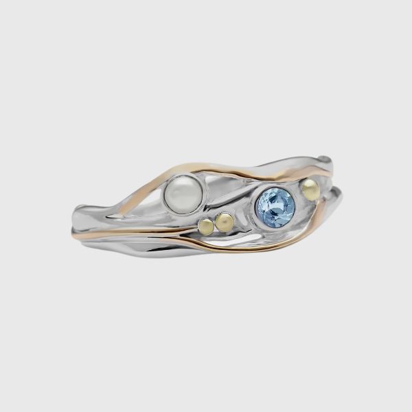 Handmade Blue Topaz and Pearl Sterling Silver Ring