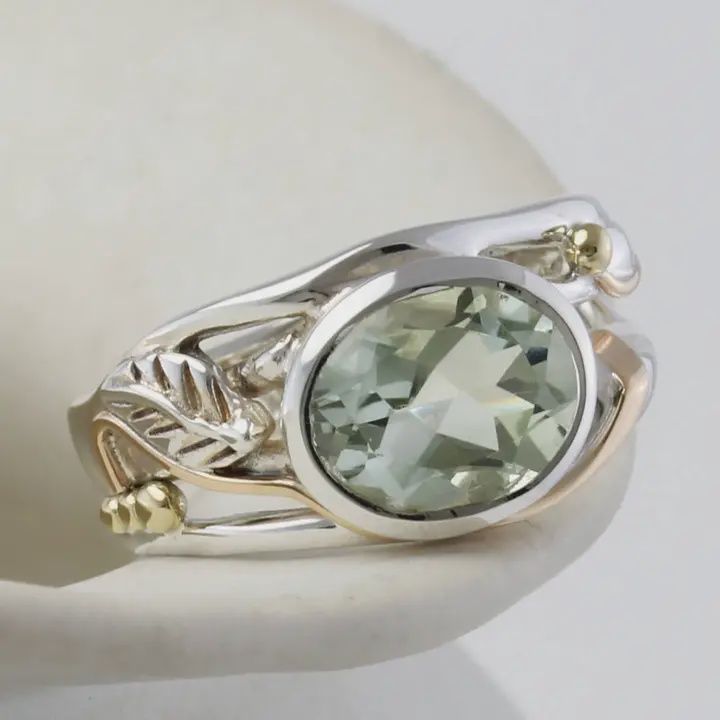 Sterling Silver &amp; Green Amethyst Leaf Ring