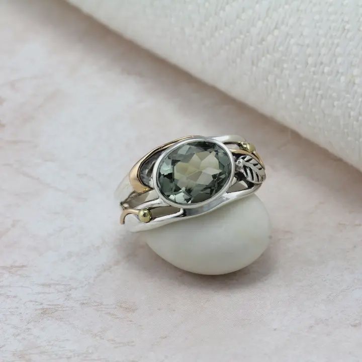 Sterling Silver &amp; Green Amethyst Leaf Ring
