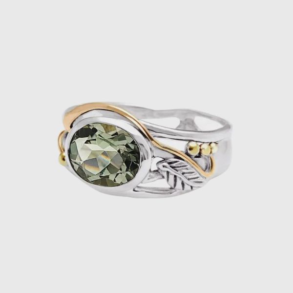Sterling Silver &amp; Green Amethyst Leaf Ring