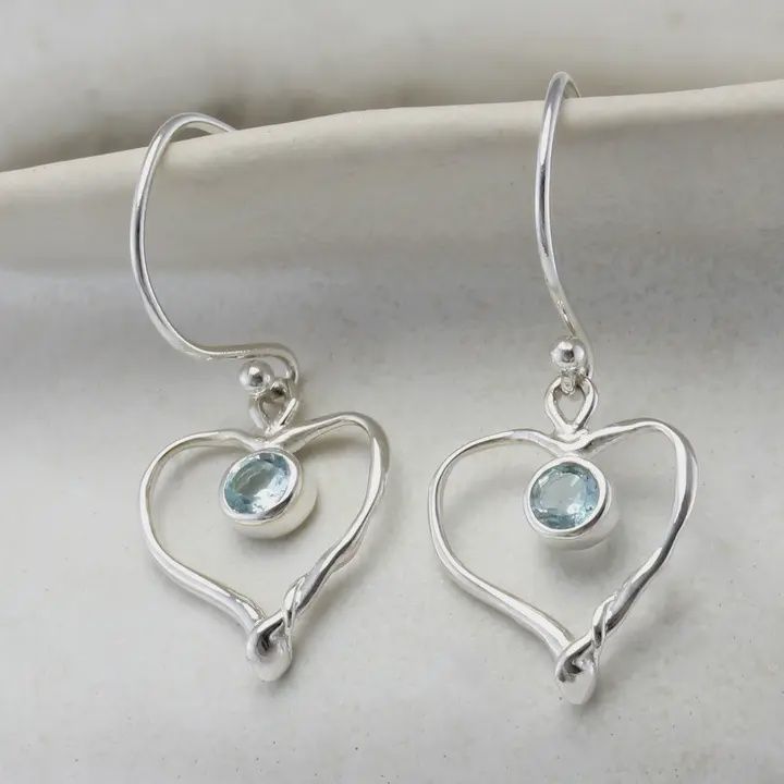 Handmade Sterling Silver Blue Topaz Heart Drop Earrings