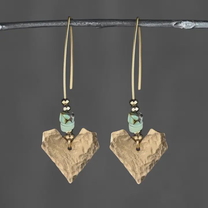 Hammered Brass Heart w/ Long Wire &amp; Turquoise Jasper Earring