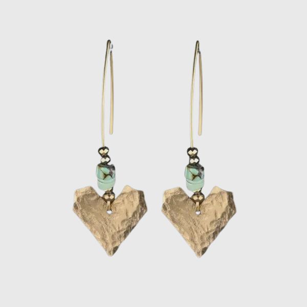 Hammered Brass Heart w/ Long Wire &amp; Turquoise Jasper Earring