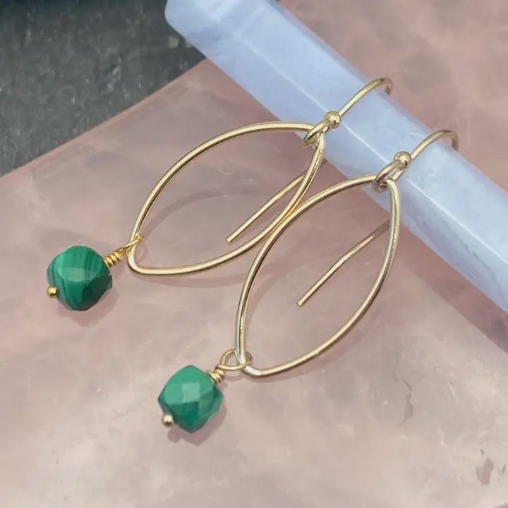 14 K Gold Fill Marquise With Malachite Earring