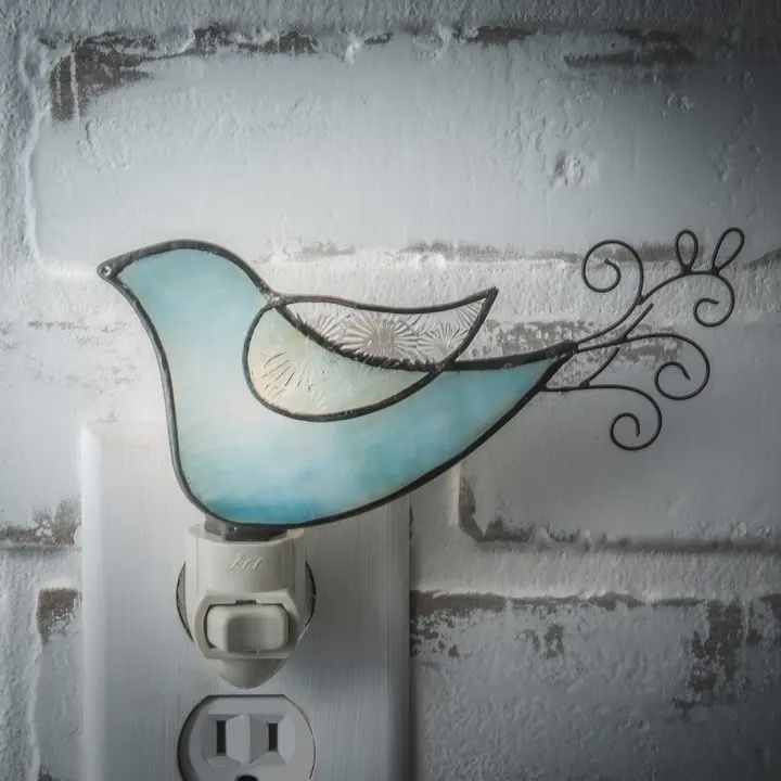 Bird Night Light Aqua Blue Stained Glass