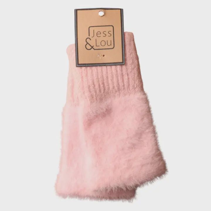 Pink Fluffy Knit Fingerless Gloves