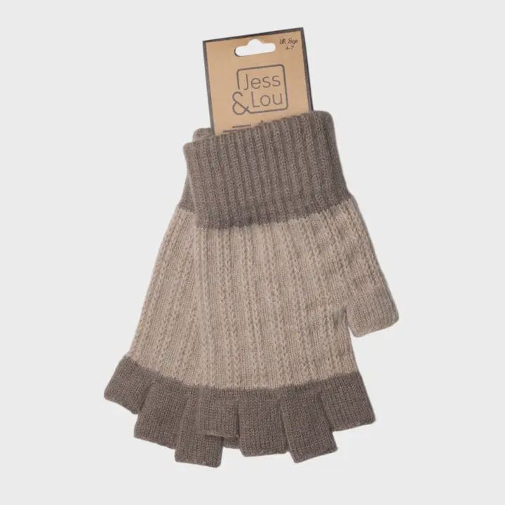 Oatmeal &amp; Cappuccino Block Knit Fingerless Gloves