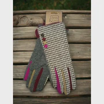 Buttoned Dogtooth Gloves, Color: Black