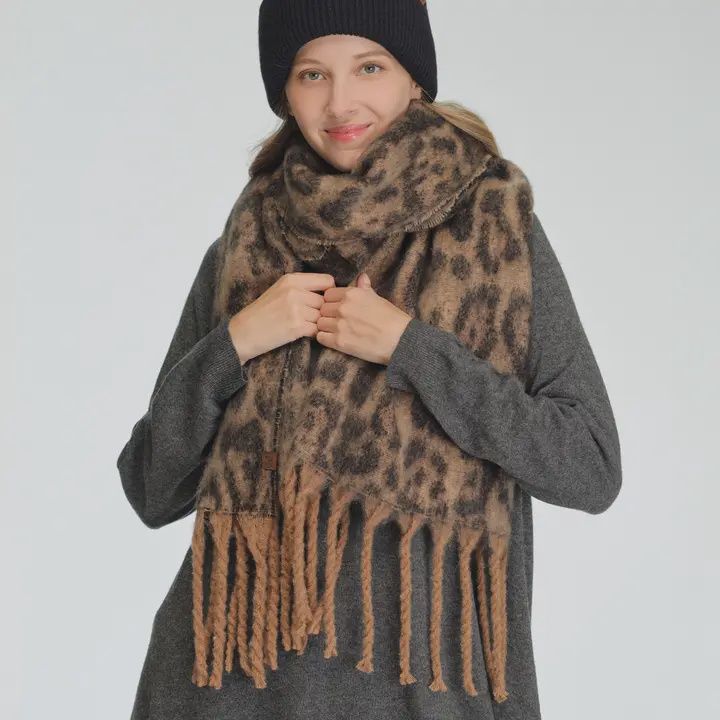 C.C Woven Leopard Pattern Print w/Fringe Scarf
