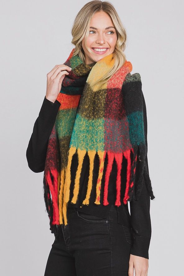 Brushed Multi Color Plaid Fringe Scarf