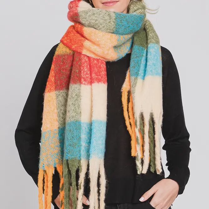 Brushed Multi Color Plaid Fringe Scarf