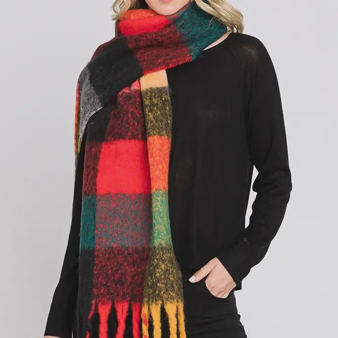 Brushed Multi Color Plaid Fringe Scarf