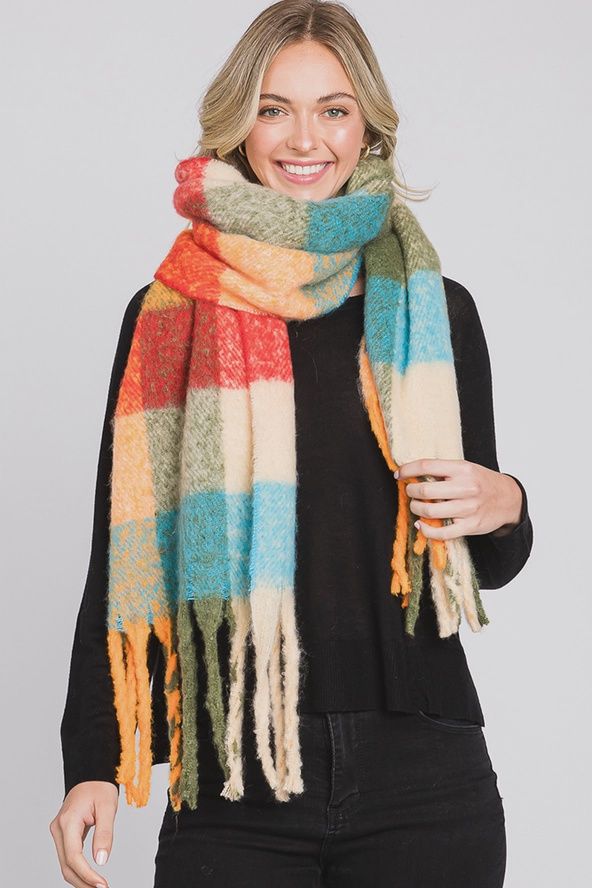 Brushed Multi Color Plaid Fringe Scarf