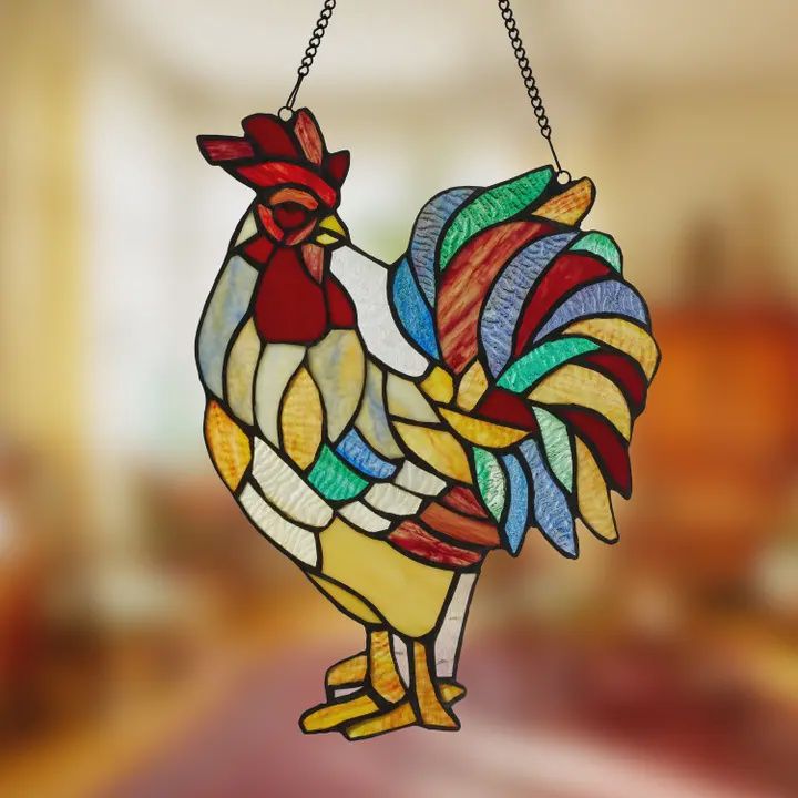 Roland the Red Rooster Stained Glass Window Panel