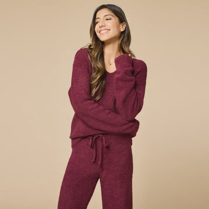 Solid Marshmallow V-Neck Lounge Set - Cherry Cola
