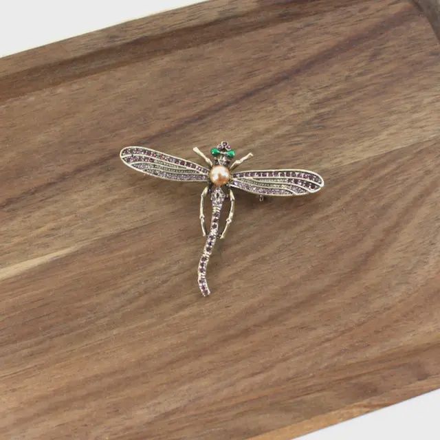 Rhinestone Adorned Dragonfly Brass Brooch
