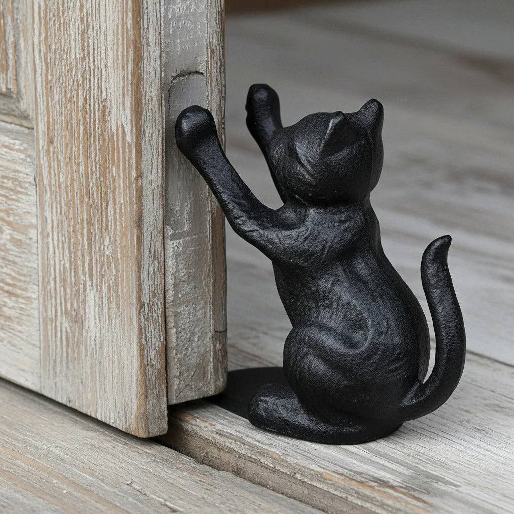 Cat Door Stop and Bookend, Black Cast Iron Shelf or Desk Decor