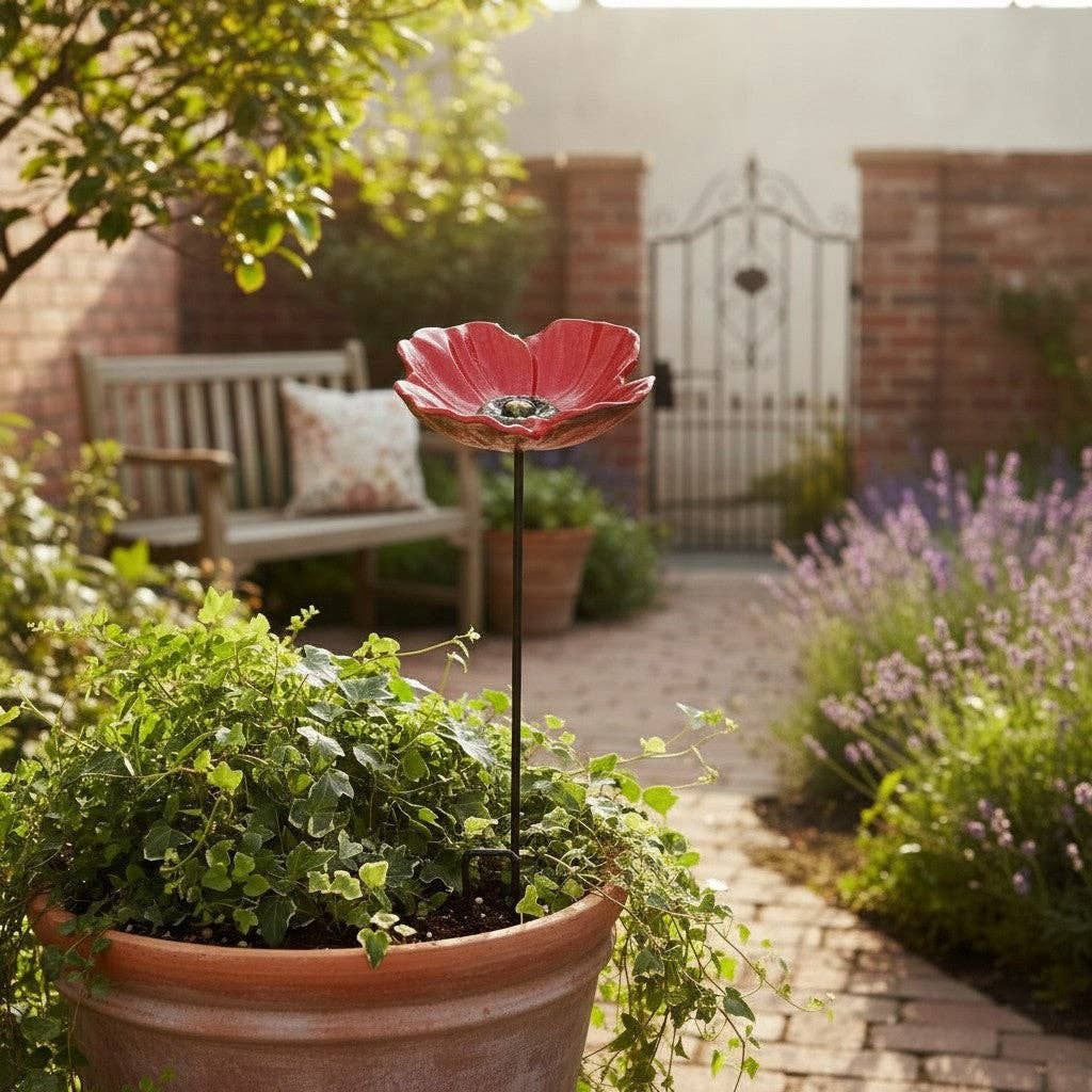 Poppy Bird Feeder and Bath, Red Cast Iron Garden Stake Outdoor Decor