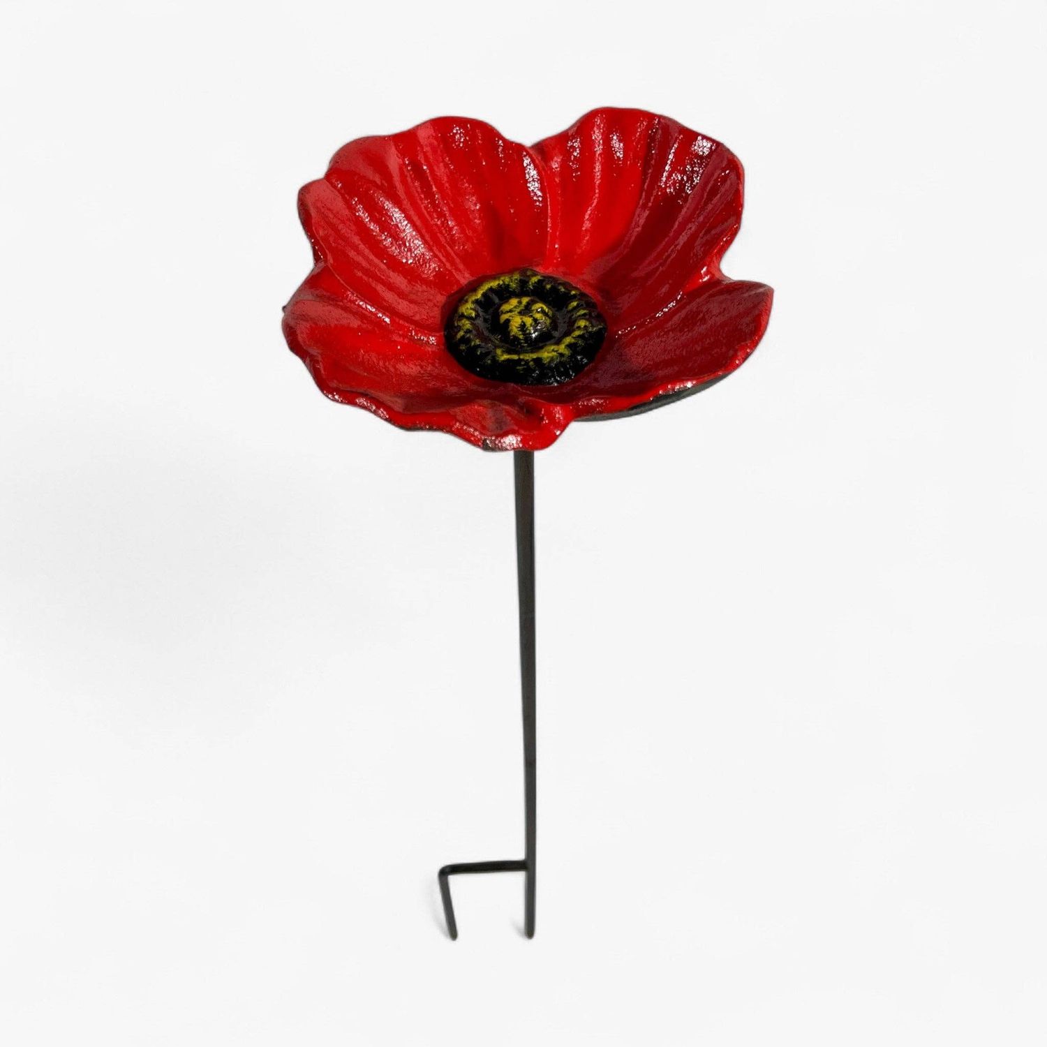 Poppy Bird Feeder and Bath, Red Cast Iron Garden Stake Outdoor Decor