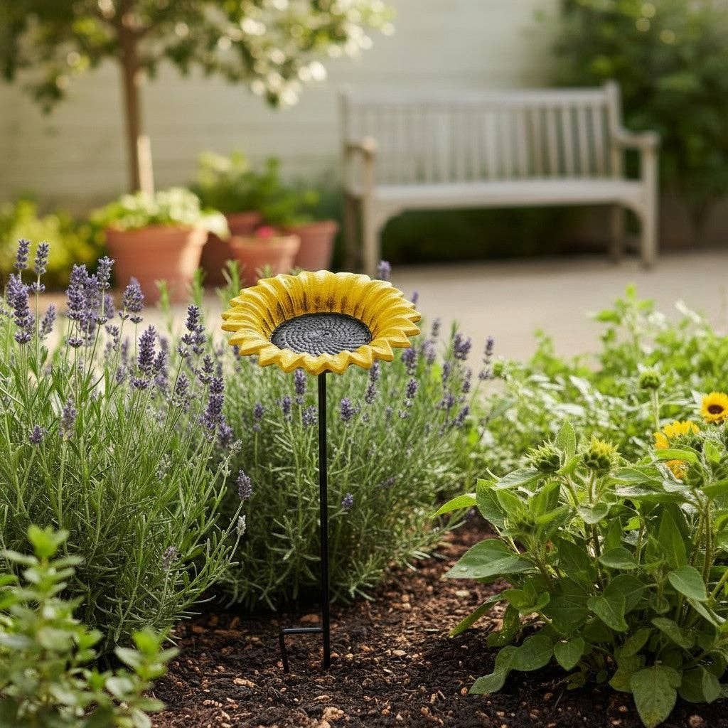 Sunflower Bird Feeder and Bath, Yellow Cast Iron Garden Stake