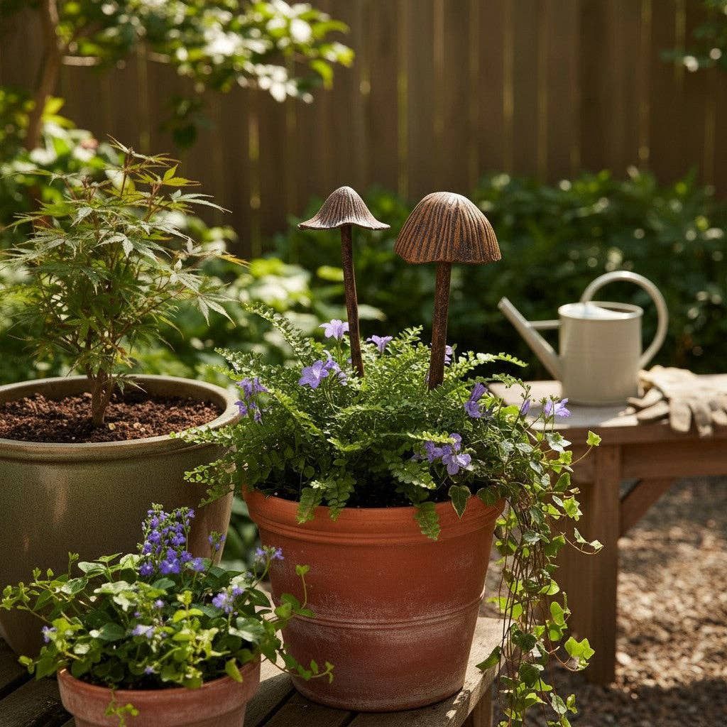 Mushroom Garden Stakes, Cast Iron  Aged Copper Finish
