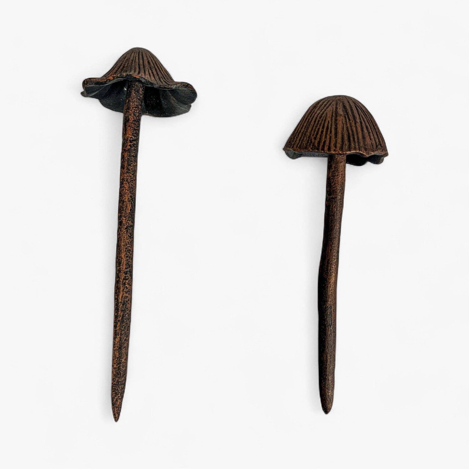 Mushroom Garden Stakes, Cast Iron  Aged Copper Finish