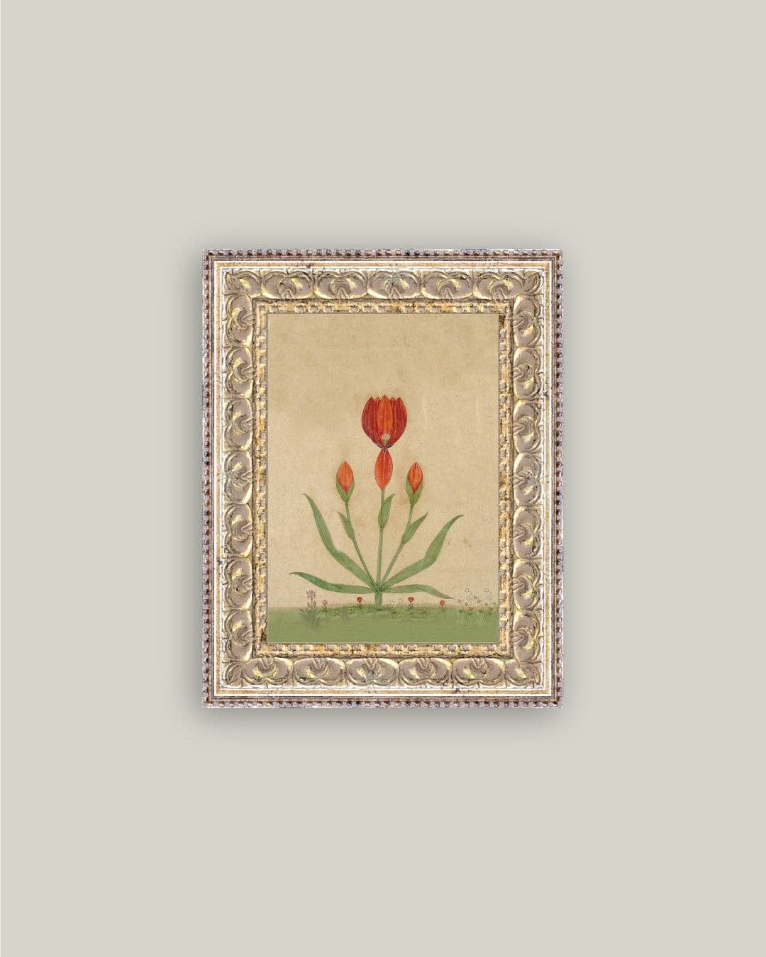 Three Red Tulips Framed Antique Art, Frame Size: 5x7
