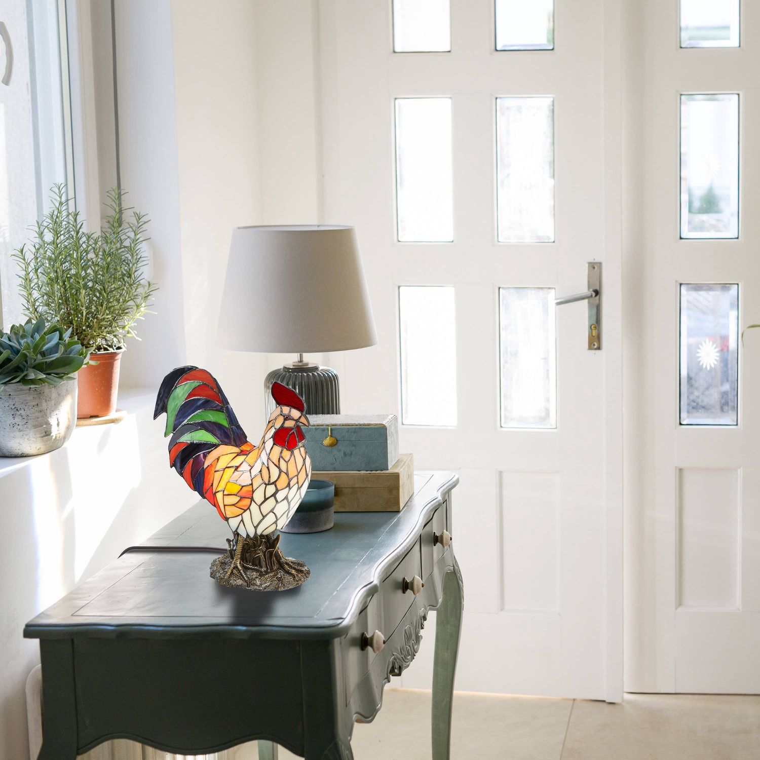 15"H Tiffany-style Rooster Multi-Color Novelty Accent Lamp