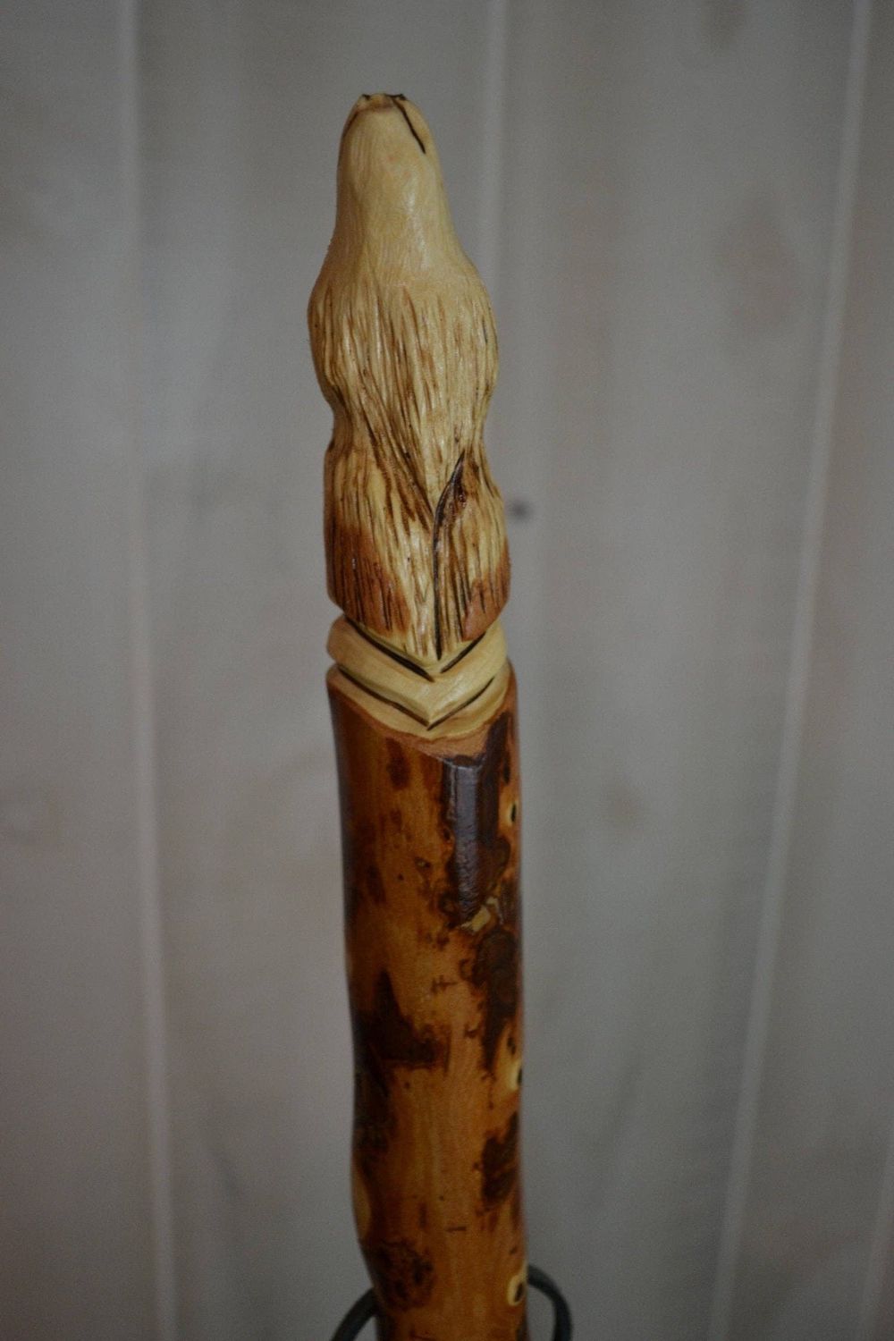 Wolf Head Carving in walking stick