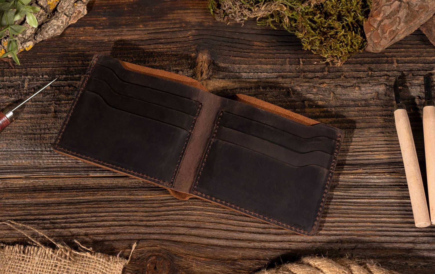 Leather Wallet - Cowhide, Color: Dark Brown
