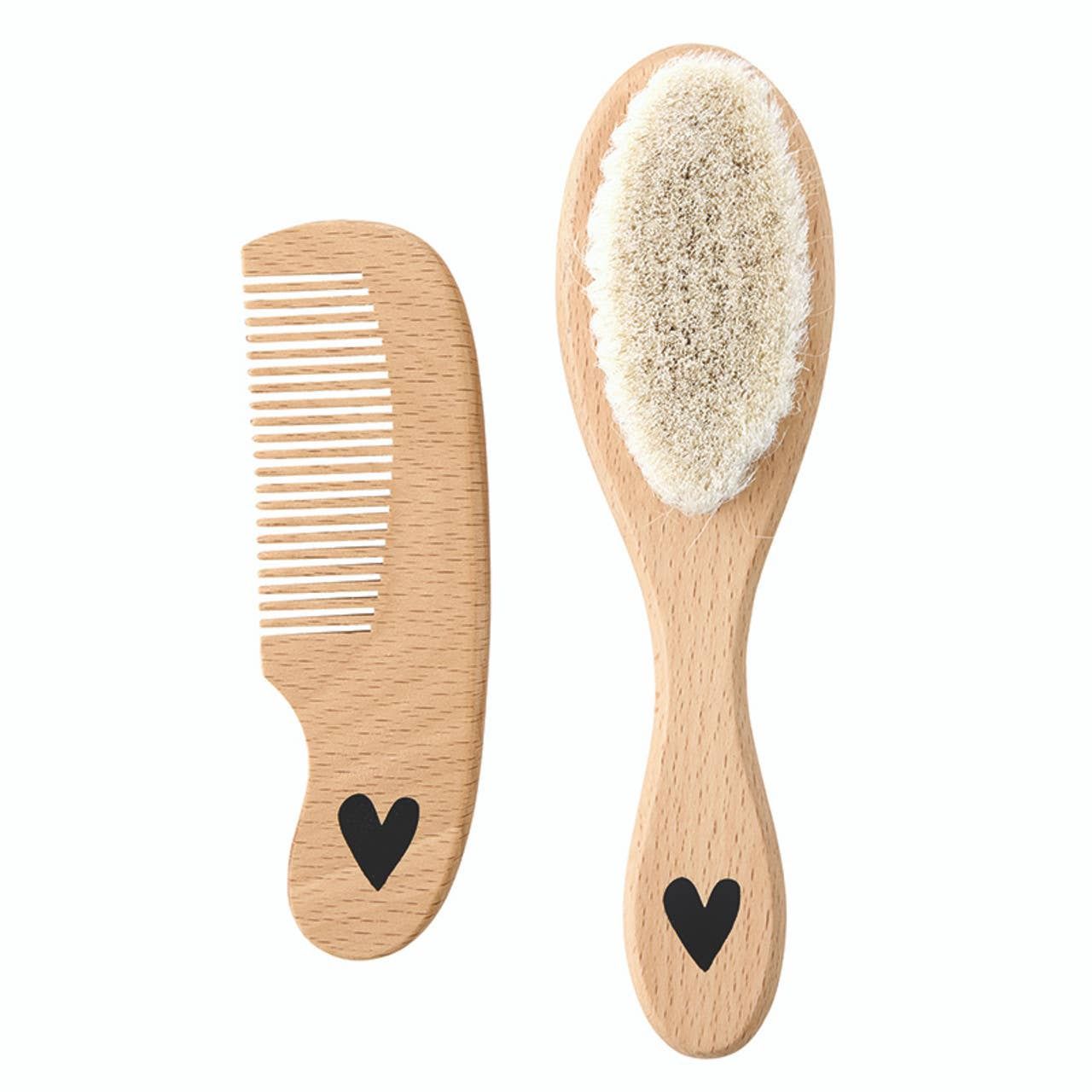 Brush + Comb Set - Heart, Material: Beech Wood, Size: Brush: 7" L x 2" W, Comb: 5.3" L x 1.6" W