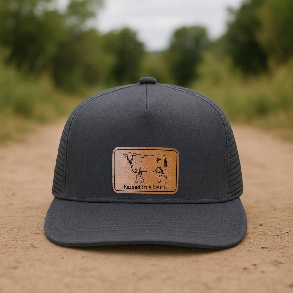 Raised in a barn Cow Country Western Farm Kids Trucker Hat, Color: Charcoal Gray